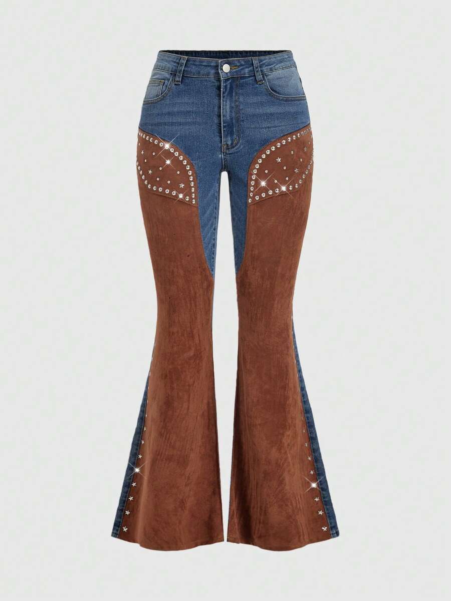 ROMWE Hippie 女士复古西部牛仔嬉皮风二合一麂皮拼接铆钉喇叭牛仔裤 - 藍色 - 查看 1