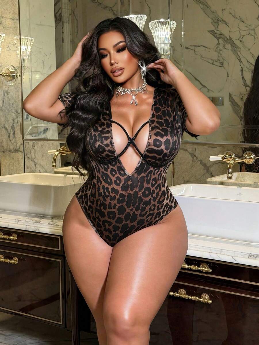 NU&NOW 大码时尚性感豹纹深V领连体衣 - 彩色 - 查看 1