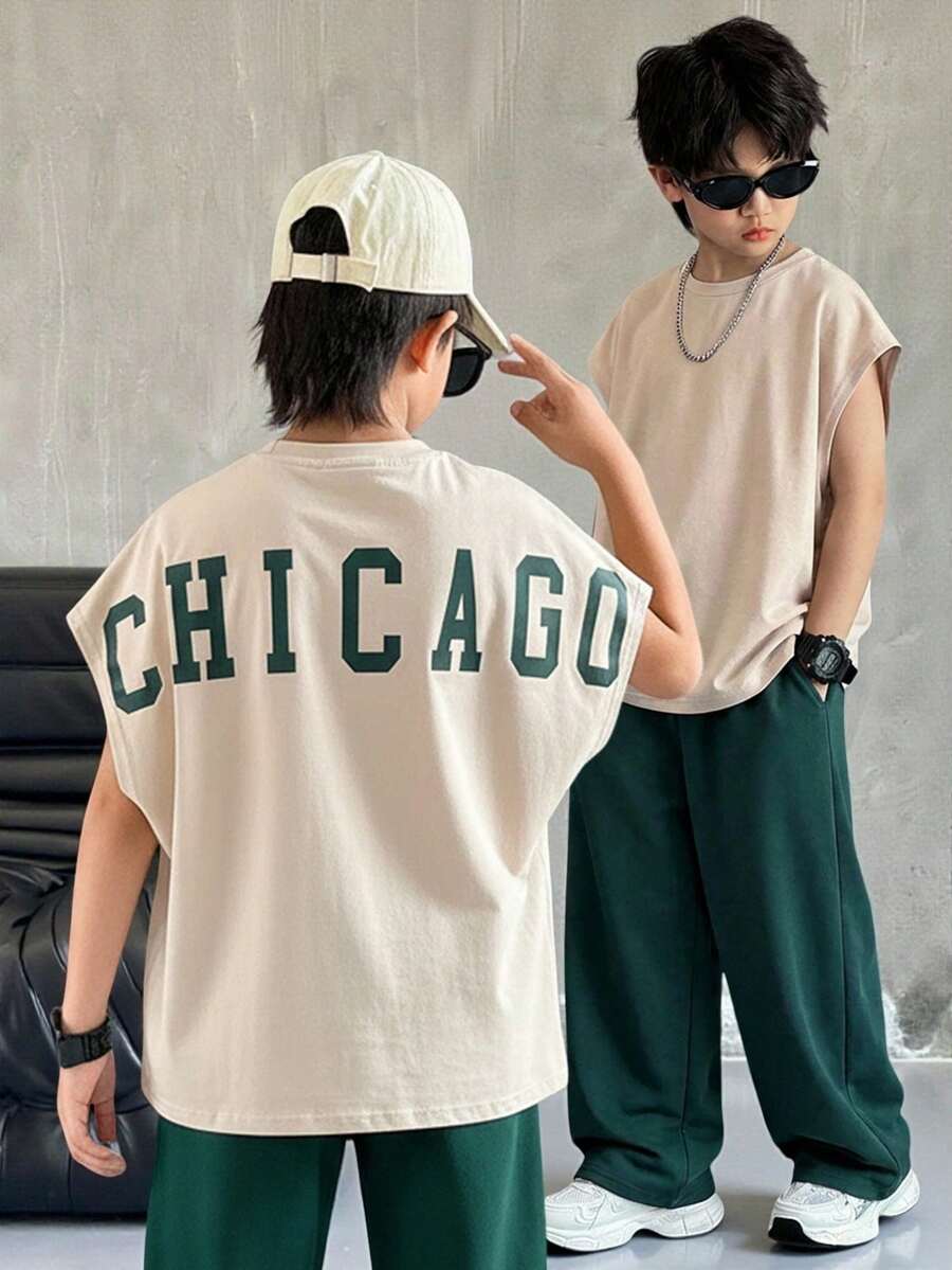 SHEIN Tween Boys' White Summer Graphic Streetwear School Back-To-School T-Shirt,Collegiate Style Comfortable Oversized Letter Print Loose Fit Crew Neck - Khaki - View 1