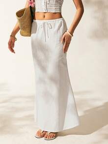 SHEIN EZwear 大码女装春夏休闲度假风白色亚麻美人鱼长裙，抽绳腰带裙，抽绳长裙，鱼尾裙 - 白色 - 查看 8