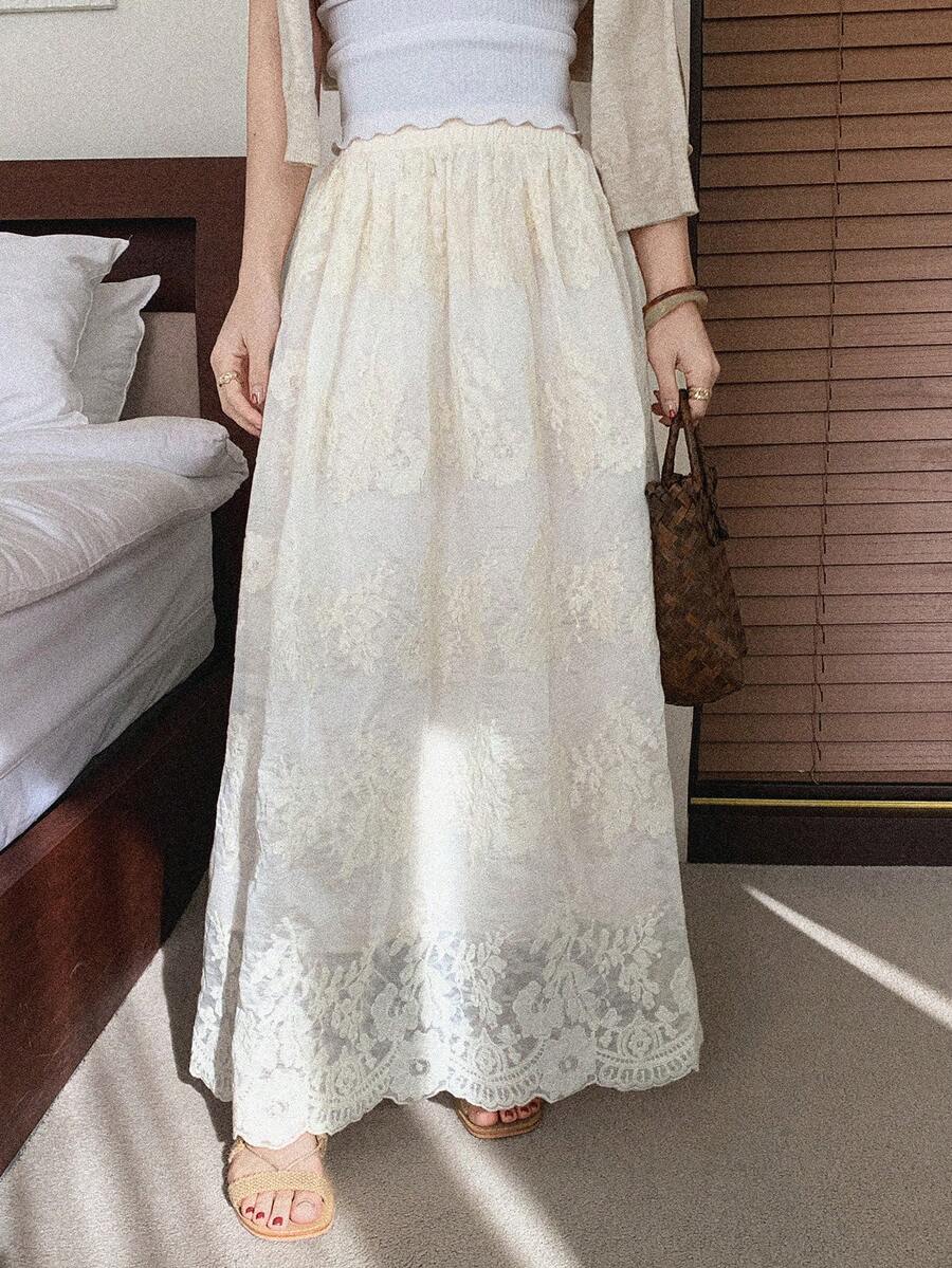 DAZY 女士弹力腰带印花优雅半身裙 - 白色 - 查看 1