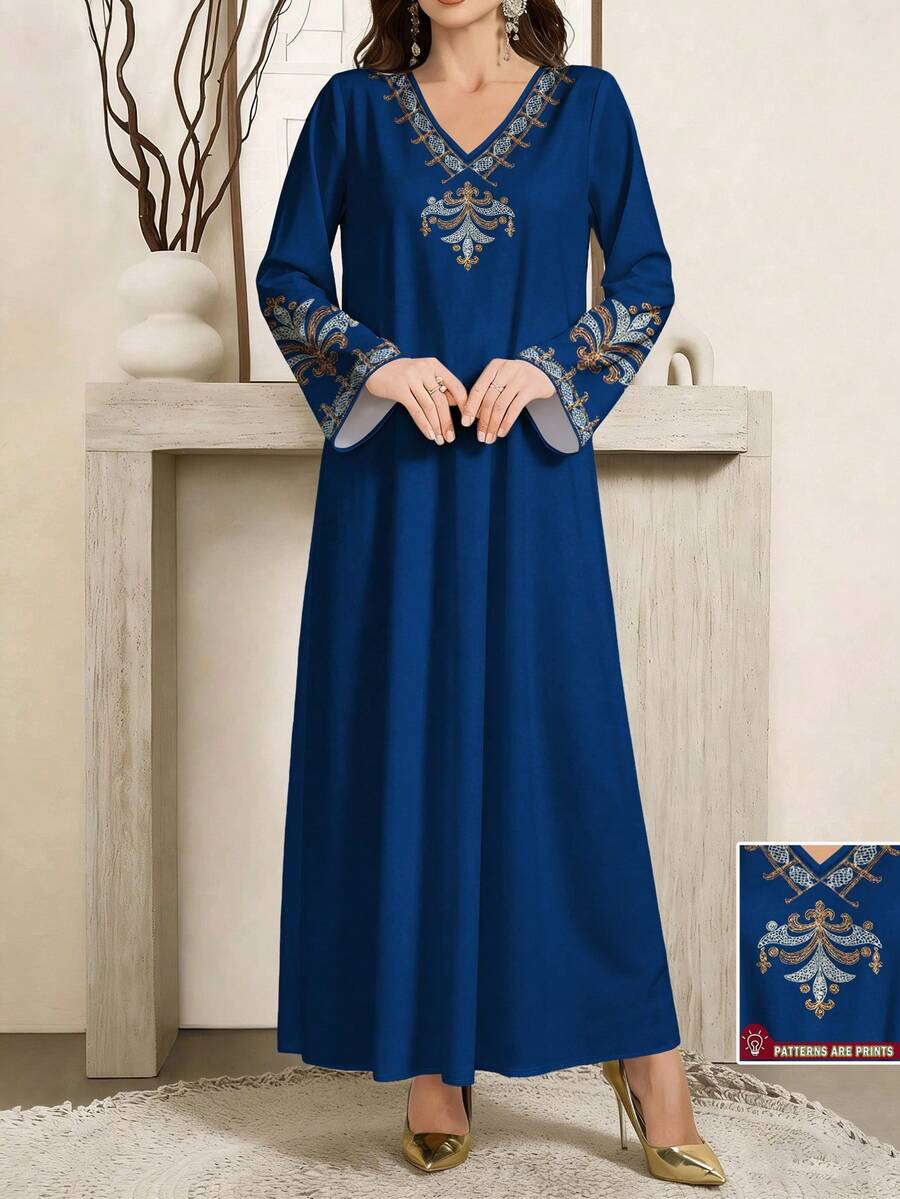 SHEIN Najma Women's Retro Floral Retro Print V-Neck Long Sleeve Elegant Arabic Style Maxi Dress, Spring/Summer - Multicolor - View 1