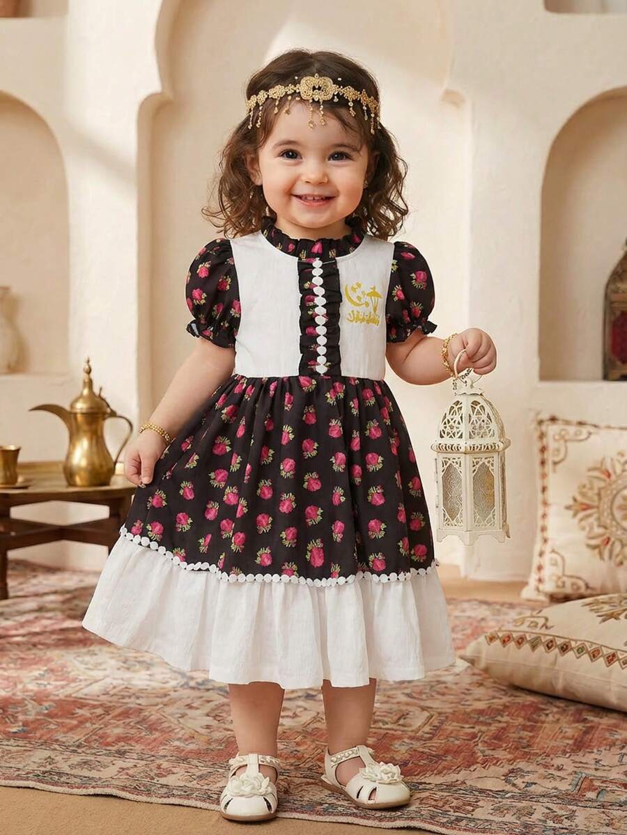SHEIN Baby Girls' Spring Middle Eastern Style Madder Rose Print Ruffle Collar Puff Sleeve Double Hem Contrast Color Short Sleeve Dress, Soft And Comfortable Fabric, Suitable For Middle Eastern Festivals And Daily Wear, Great For Photos رمضان قرقيعان فستان العيد الملابس التقليدية العربية - Purple - View 1
