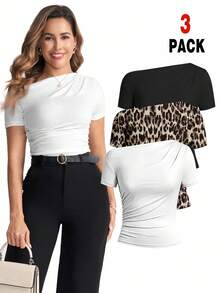 Ellevyn 3件套女士加大码褶皱修身不对称肩短袖T恤套装 - 彩色 - 查看 1