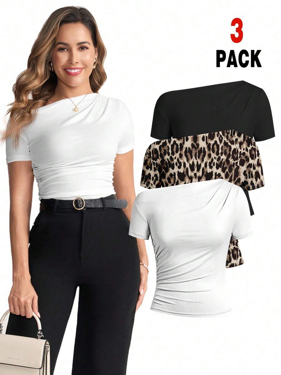 Ellevyn 3件套女士加大码褶皱修身不对称肩短袖T恤套装 - 彩色 - 查看 1