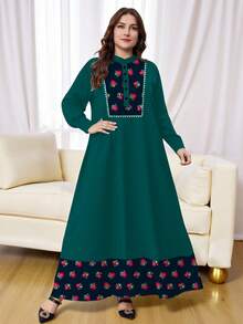 SHEIN Najma 大码女式花卉复古印花纽扣领长袖连衣裙，时尚春秋季款 - 彩色 - 查看 4