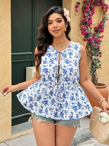 SHEIN LUNE Áo hai dây dáng rộng thanh lịch, họa tiết hoa, thắt nơ, thích hợp cho các hoạt động ngoài trời, đi biển, tiệc trà chiều và những dịp lãng mạn. - Màu xanh lam - Xem 3
