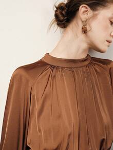 Aalyst Women's Chocolate Brown Satin Ruched Waist Flare Hem Long Sleeve Dress,Elegant Retro Chic Design For Autumn Tea Party,Christmas,Work,Vacation,Spring - Brown - View 7
