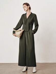 Aalyst Women's Woven Solid Turtleneck Long Sleeve Pleated Fitted Blouse Paired With Loose Straight Leg Pants, Elegant Professional Office Wear, Autumn/Winter 2 Pieces Set - Green - View 6