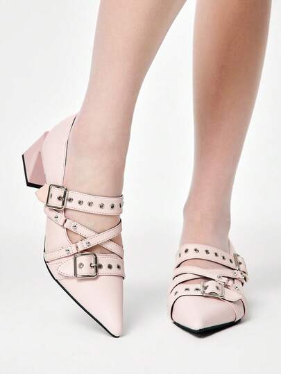 Grunge Punk Elegantes tacones gruesos de punta fina con acabado lacado para Navidad