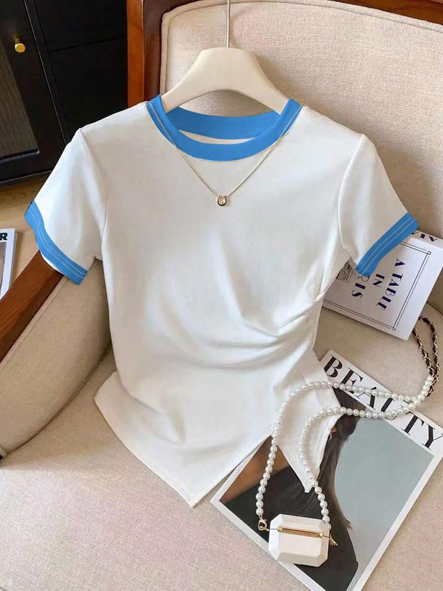 Women's Contrast Color Round Neck Short Sleeve Casual Versatile T-Shirt - White - View 1