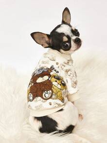 PETSIN 1件印花三只泰迪熊法兰绒卫衣，厚实保暖，适合宠物秋冬季穿着