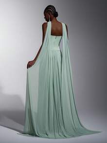 Elitara Elegantes, romantisches, modisches mintgrünes elastisches Mesh-Stoff trägerloses gerafftes dekoratives handgemachtes 3D-Blumen-Halter-Dekor mit großer A-Linie Silhouette, elegantes Partykleid, Hochzeitsgast-Kleid, mintgrünes Kleid, modisches elegantes Abendkleid, Brautjungfernkleid, formelles Abendkleid - Grün - Übersicht 4
