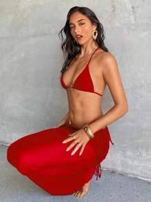 Aloruh 女士三件套比基尼套装，性感优雅浪漫红色金属装饰迷你三角罩杯挂脖上衣，迷你丁字裤下装，另配长款纱笼罩衫，春夏度假比基尼套装 - 紅色 - 查看 6