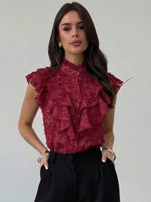 Firerie Áo kiểu nữ thanh lịch, tối giản, tinh tế, lãng mạn, thích hợp mặc đi làm hàng ngày, dự tiệc Valentine, đi nghỉ mát, nhiều lớp bèo nhún, cài nút, chất liệu vải có họa tiết, không tay, dáng rộng, mỏng nhẹ, màu mơ. - Màu Đỏ Sâu - Xem 5