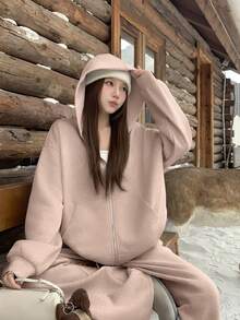 DAZY Bộ 2 áo nỉ đính sequin cho nữ, bộ đồ mặc nhà mùa thu/đông cho nữ. - Màu Khaki - Xem 5