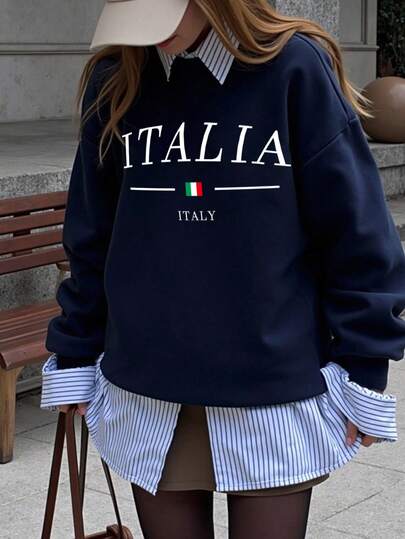 DrmWander Plus Size Letter Print Crew Neck Sweatshirt, Casual For Spring & Autumn