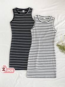 Vintaside Kids 2件套女童黑白罗纹图案无袖休闲修身连衣裙，夏季 - 黑與白 - 查看 3