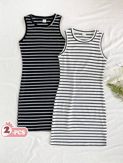 Vintaside Kids 2件套女童黑白罗纹图案无袖休闲修身连衣裙，夏季