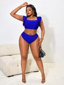 Slaydiva Plus Size Solid Color Swimsuit Set - Royal Blue - View 4