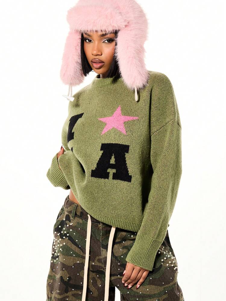 SUMWON WOMEN Oversized Graphic Star Letter Knit Sweater