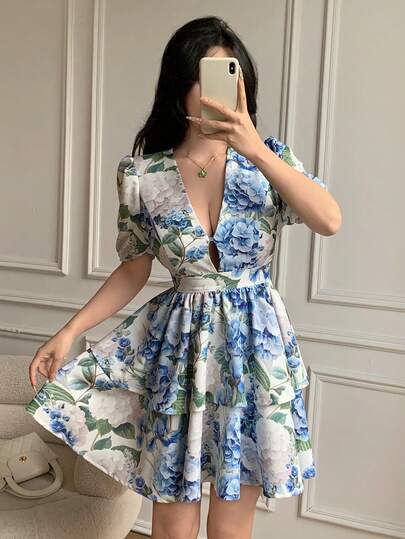 Celisse Vestido elegante de manga corta con cuello en V y estampado floral para mujer