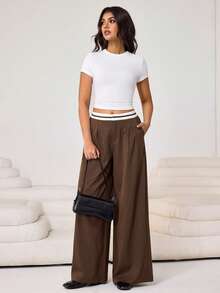 Aidyla 女士休闲日常办公通勤撞色条纹腰部褶裥宽松阔腿裤 - 棕色 - 查看 4