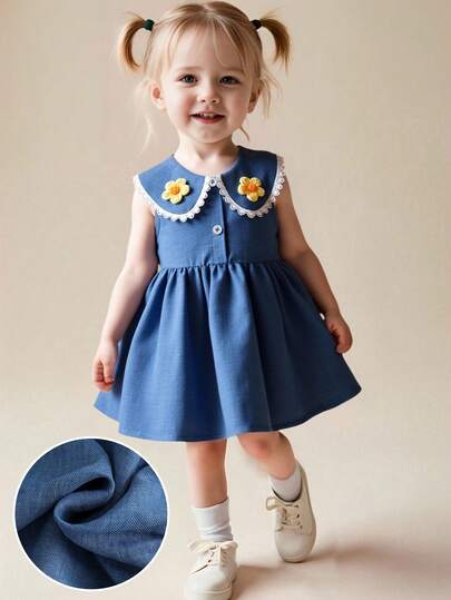 SHEIN Playful Pals 女童牛仔蓝蕾丝边彼得潘领3D立体花朵开襟可爱休闲连衣裙，适合日常、度假、通勤穿着。