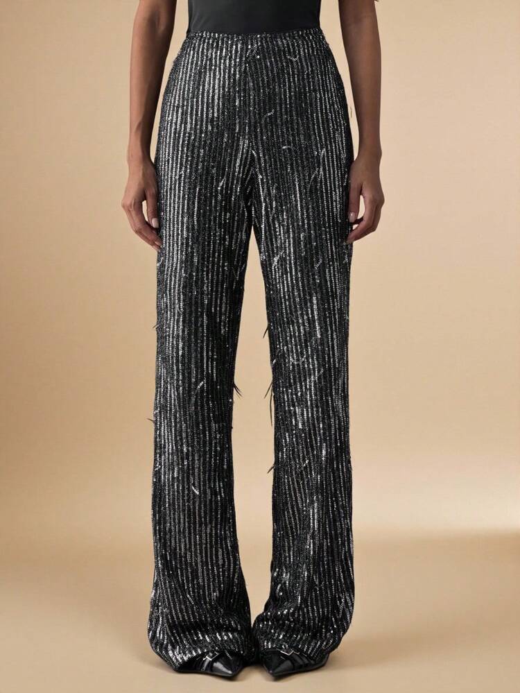 SHEIN BAE 女性用 無地 ワイドレッグ ルーズ フリンジ付きスパンコールパンツ、ブラック ルーズカジュアルパンツ コンサート、パーティー、春/冬に適しています、Sサイズ、ブラック パーティーカジュアルファッション ベーシック パーティー女性用衣料品、ミュージックフェスティバル、女性のダンスパーティー、クリスマス、新年、バレンタインデー、年末年始 光沢パンツ、女性用ボトムス - ブラック - 見る 1