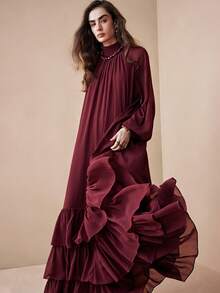 Arave Women's Elegant Loose Fit Chiffon Layered Ruffle Collar Dress New Year - Burgundy - View 2