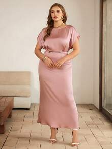 Roveilla 大码女式纯色圆领收腰优雅褶皱短袖派对连衣裙 - 粉色 - 查看 7