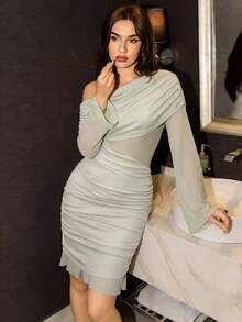 Modelyn Váy dự tiệc thời trang chắp vá lưới mỏng thanh lịch gợi cảm, thiết kế ôm sát bằng vải lưới mỏng - màu xanh lá - Xem 3