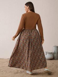 SHEIN Essnce Women's Plus-Size Brown Polka Autumn Boho Vacation Maxi Dress,Long Sleeve Floral Waist Dress With Pockets,Casual Spring Country Style - Brown - View 2