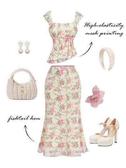SHEIN MOD Bow Two Pieces Set: Asymmetric Hem Top & Low-Waist Mermaid Skirt – Casual, Cute, And Sweet; Perfect For Vacation, Date, Picnic, Party, Prom, Festival, And Birthday Wear; Romantic And Adorable Summer Skirt Set Floral Set Vacation Outfits Woman Skirt Set Tea Party Outfit Women Feminine Clothes, Valentine's Day, Carnival Costume