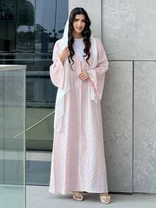 Yasmyna Áo Abaya Ả Rập dáng rộng, tay loe, màu trơn dành cho nữ - Hồng - Xem 6