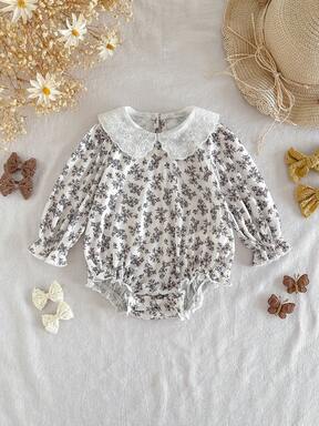 SHEIN Tutina a maniche lunghe con colletto per neonata, in maglia con motivo floreale, stile casual