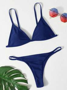 Swim Basics 2026 New Women's Swimwear Arrival Women's Solid Color Sexy Bikini Swimsuit Set, Summer Beach Navy Blue Bikini Set Solid Color Bikini Set Plain Bikini V Cut Bikini Thin Strap Bikini Thong Bikini String Bikini Thong Bikini Bottom - Navy Blue - View 1