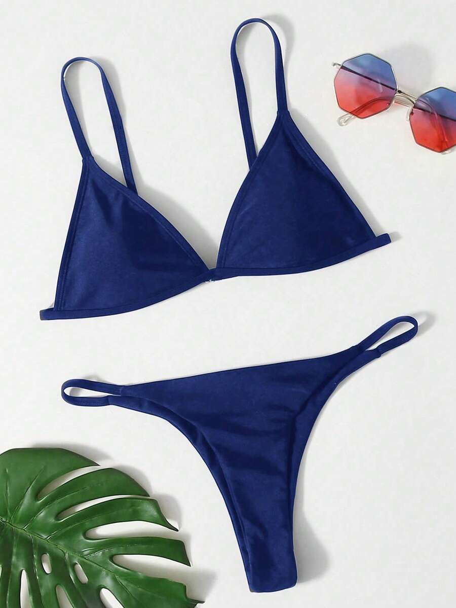 Swim Basics 2026 New Women's Swimwear Arrival Women's Solid Color Sexy Bikini Swimsuit Set, Summer Beach Navy Blue Bikini Set Solid Color Bikini Set Plain Bikini V Cut Bikini Thin Strap Bikini Thong Bikini String Bikini Thong Bikini Bottom - Navy Blue - View 1