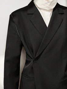 SHEIN Stylify Women's Tweed Composite Fabric Blazer With Lining, Notched Collar, Side Pockets, Padded Shoulders, Contrast Stitching, Long Sleeves With Slit Cuffs, Oversized Relaxed Fit, Black, Sophisticated Elegant French Vintage Style, Suitable For Commute, Business, Vacation, Casual, Party, Christmas, Thanksgiving, Afternoon Tea, New Year, Autumn/Winter