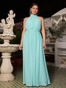 VOLUPTÉ CURVE Plus Size Light Blue Summer Elegant Wedding Guest Chiffon High Neck Sleeveless Waist-Cinching Rhinestone Long Dress For Vacation,Evening Dinner,Brunch - Mint Green - View 7