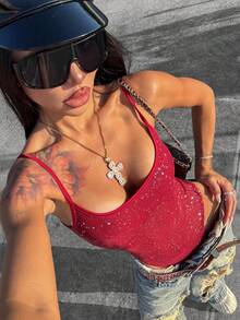 Rina Fox Women's Glitter Spaghetti Strap Bodysuit - Burgundy - View 1