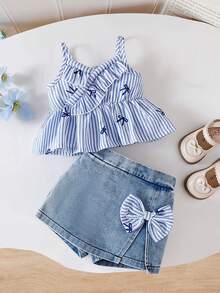 SHEIN 2件套女婴春夏休闲风套装，纯色无袖吊带上衣和蝴蝶结装饰短牛仔裤 - 藍色 - 查看 3