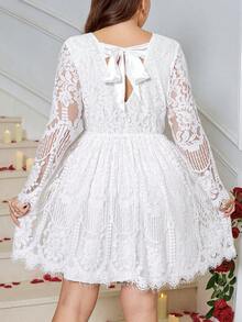 SHEIN Clasi Đầm dài tay thanh lịch dành cho nữ cỡ lớn, họa tiết hoa ren, thắt lưng. - trắng - Xem 7