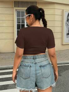 SHEIN EZwear Plus Size Brown Ruched Waist Elastic T-Shirt - Brown - View 2