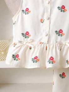 Young Girl Casual Cute Ditsy Floral Sleeveless Top + Elastic Waist Loose Pants Set, Spring/Summer