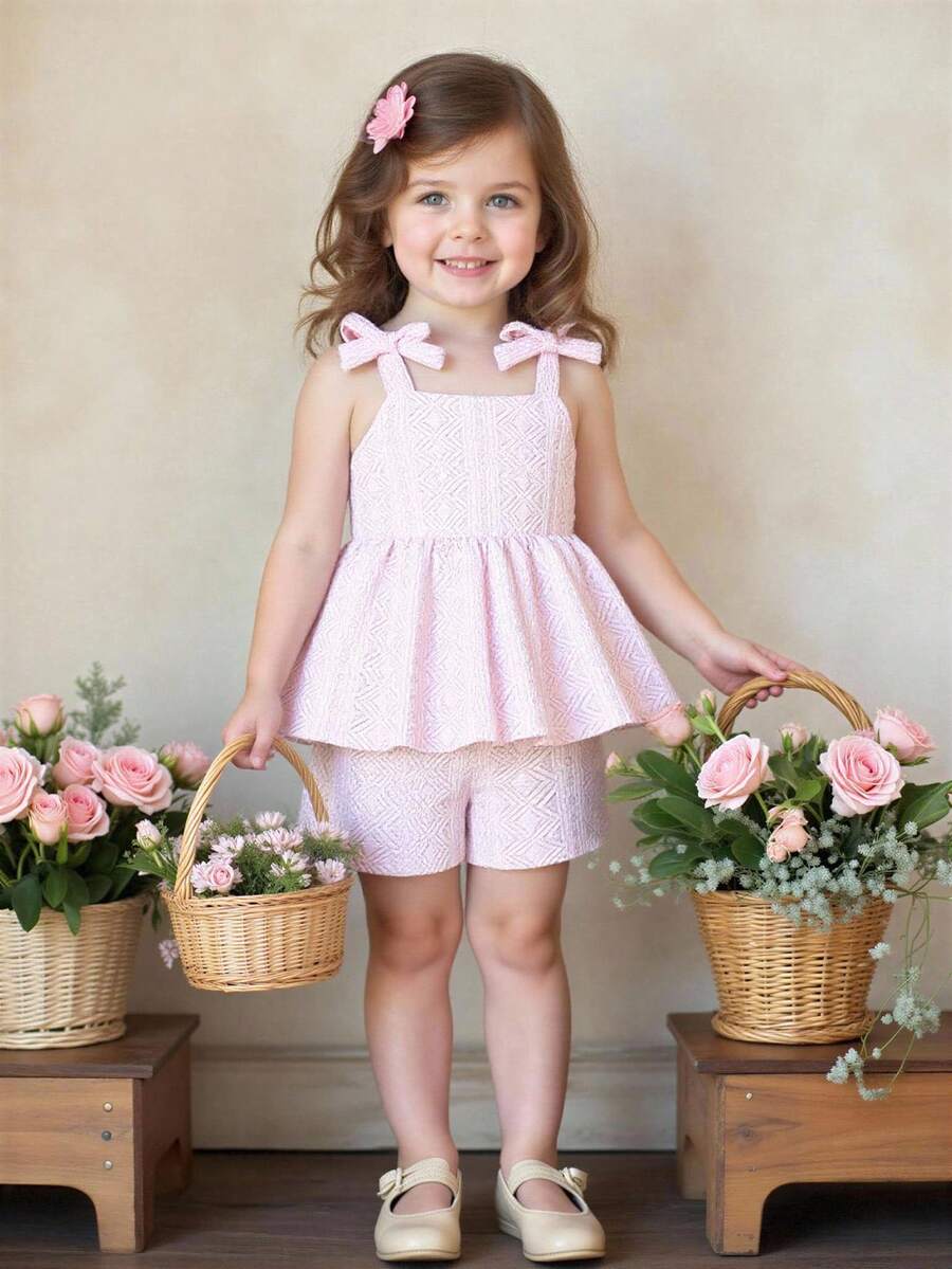 Vintaside Kids Baby Girl Holiday Christmas Casual Pink Jacquard Fabric Ruffle Hem Cami Top And Shorts Sets, It's Ideal For All Kinds Of Party Activities - Pink - View 1