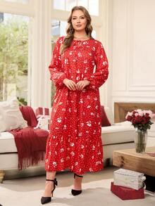 EMERY ROSE 大码优雅波点花卉印花灯笼袖连衣裙 - 紅白色 - 查看 5