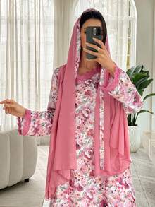 Al Najma Ribbon Patchwork Front Button Asymmetric Collar Print Dress With Headscarf - Multicolor - View 6