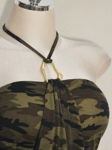 SHEIN ICON Plus Size Retro Sexy Country Y2K Streetwear Camouflage Halter Bodycon Mini Dress For Women Neck Camo Casual Date Night Rave Concert Olive Green Summer - Multicolor - View 6