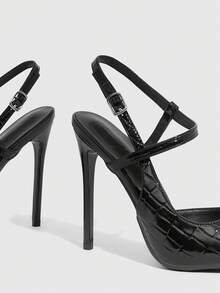 CUCCOO SZL 女士尖头高跟鞋，亮黑色材质，时尚性感夜店派对走秀踝带超高跟鞋，圣诞节必备 - 7639石頭紋黑 - 查看 6